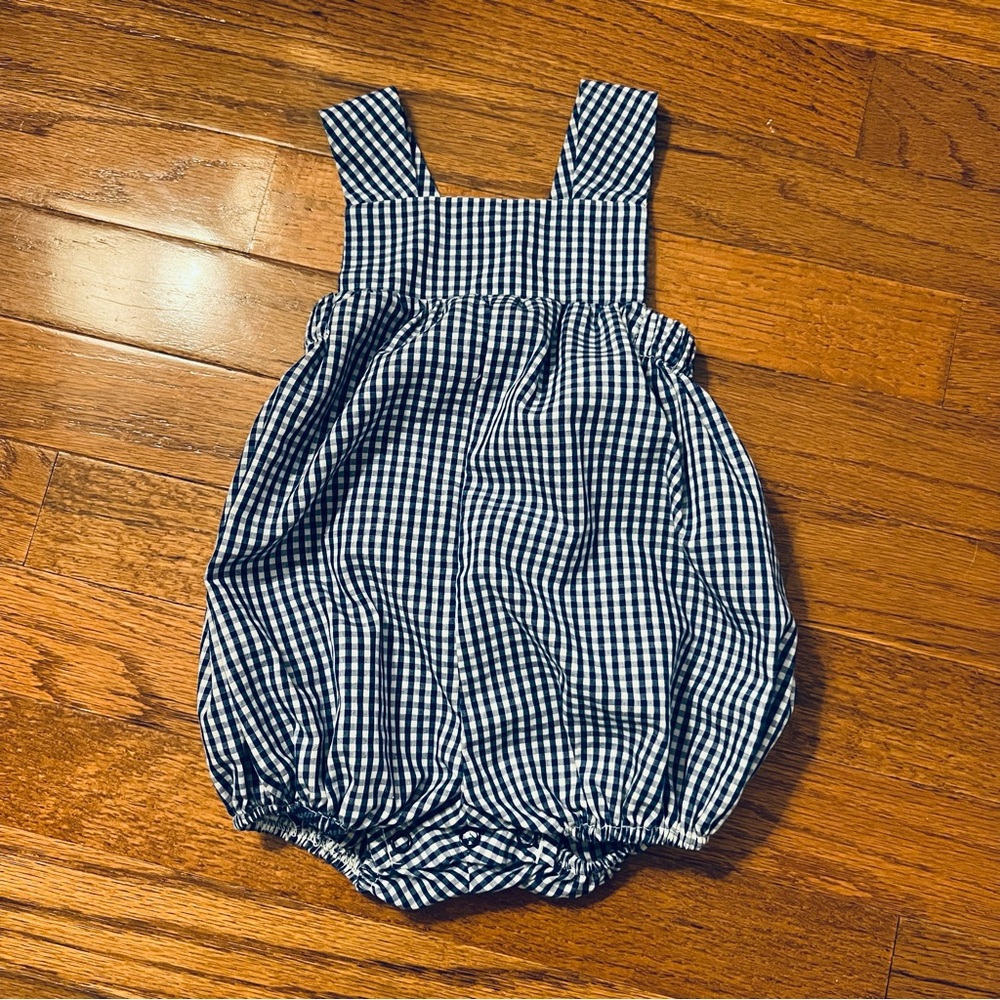 The Beaufort Bonnet Company bubble gingham blue romper 0-6 months holiday